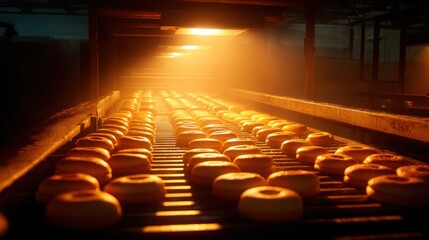 Golden Doughnuts on Conveyor Belt in Bakery