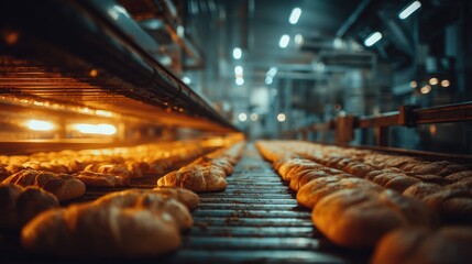 Bakery Production Line: Golden Breads on Conveyor Belt