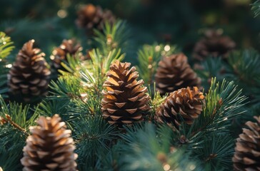 Fototapeta premium Serene pine forest with fallen pinecones and lush undergrowth, beautifully