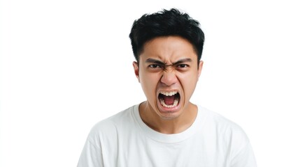 Angry Young Man, Frustration, Rage, Outburst, Yelling, Studio Shot, White Background, Expression, Emotion, Intensity, Close-up Portrait