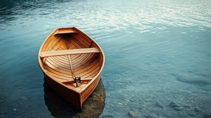 Obraz premium A wooden boat floating on calm water with a clear sky in the background.