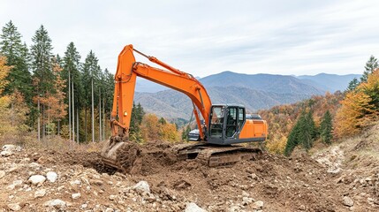 An orange excavator works a hillside.