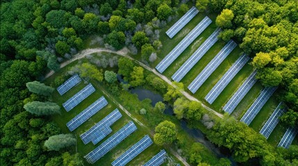 Aerial View of Solar Panels Integrated into a Lush Green Forest