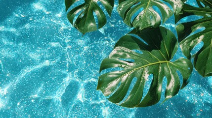 Tropical Paradise: Monstera Leaves Floating on a Turquoise Pool