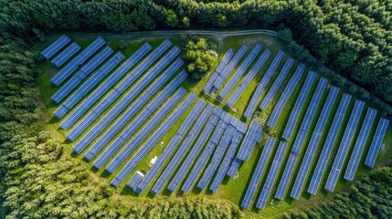 Aerial View of Solar Panels in a Forest