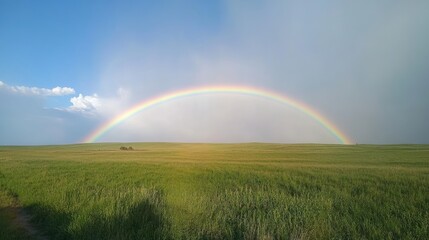 Fototapeta premium Vibrant rainbow stretches across a vast green field under a partly cloudy sky