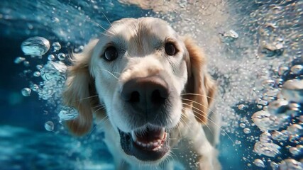 Playful golden retriever swimming underwater closeup view adorable water activity pet swimming dog happy water image