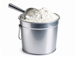 Baking Powder in Metal Container with Scoop on White Background in a Clean Kitchen Ingredient Style