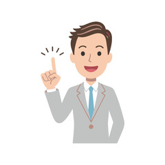 Smiling businessman light grey suit blue tie pointing up idea