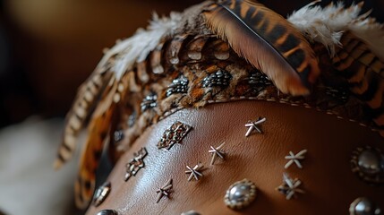 Fototapeta premium Ornate leather headpiece adorned with feathers and metallic embellishments.