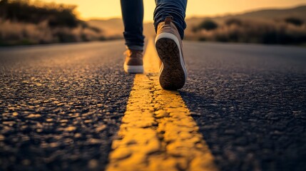 A person walks confidently on a long road. The focus on the shoes and the road suggests forward motion and a journey ahead.