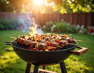 Grilled skewers on a backyard barbecue