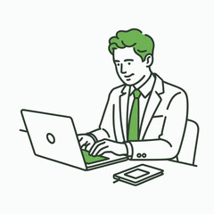 Greenhaired businessman laptop work desk notepad person