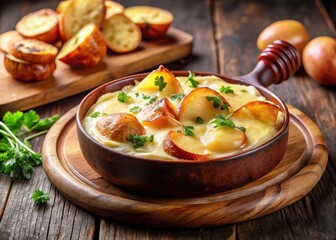 Melted raclette cheese on potatoes with crispy