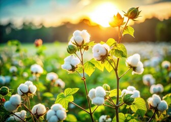close-up view of lush green cotton plants swaying gently in sunlight