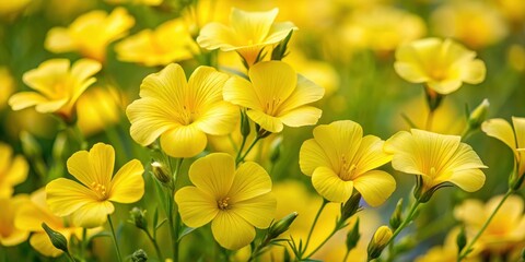 Dense cluster of Linum perenne flowers with delicate yellow petals and intricate center details in a field setting
