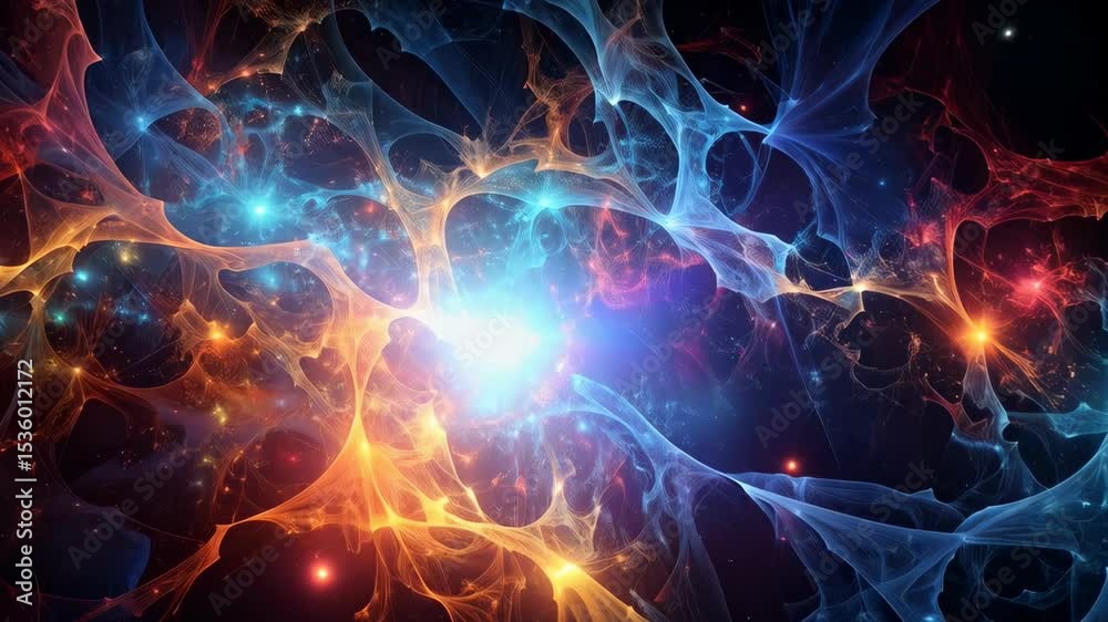 Wall mural abstract network of translucent lines in hues of blue, orange and red with glowing stars in a cosmic