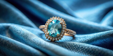 Elegant aquamarine gemstone ring on a luxurious blue velvet fabric with intricate golden details and subtle sparkle