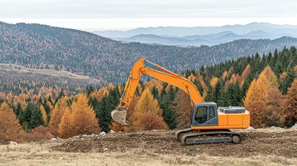 Orange excavator on a hillside overlooking a forest in autumn.