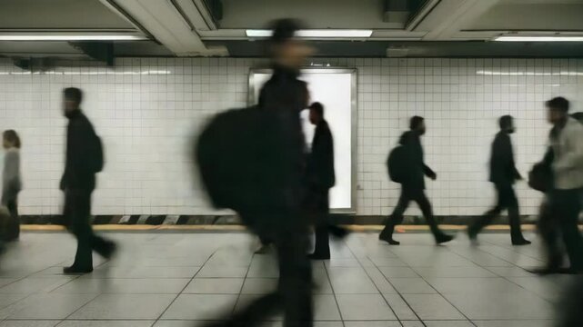 Blurred Commuters Walking Past a White Advertising Display in a Subway Station