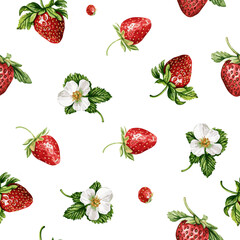  vector seamless pattern with vintage strawberry branch with berries, leaves and flowers. Isolated on white
