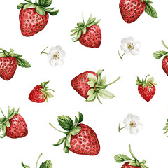  vector seamless pattern with vintage strawberry branch with berries, leaves and flowers. Isolated on white
