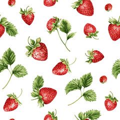  vector seamless pattern with vintage strawberry branch with berries, leaves and flowers. Isolated on white
