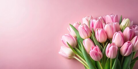 Delicate pink tulips arranged in a spring bouquet against a soft pastel pink background