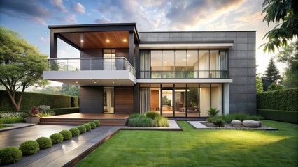 Minimalist two-story luxury house with clean lines and large windows