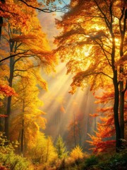 Fototapeta premium Warm golden light spreads across the misty autumn forest