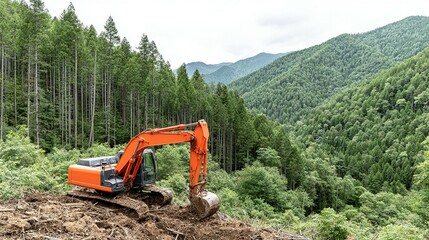 Orange excavator working in a lush forest landscape.