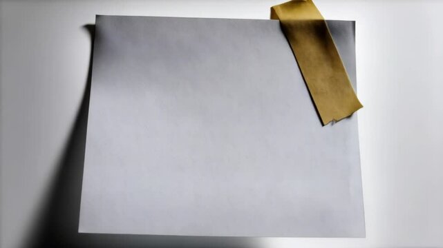 Blank white paper sheet with brown tape on a white surface, clean stationery mock-up for message or advertisement, communication concept, studio shot