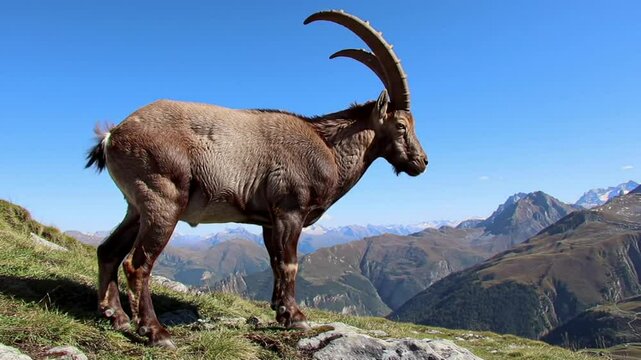 A majestic ibex stands on a rocky summit against a clear blue sky.