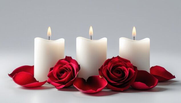 Tres velas blancas acompa&ntilde;adas de rosas rojas sobre fondo gris. 