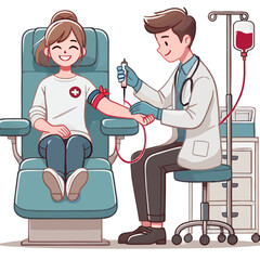 Blood Donation Process With Smiling Woman and Doctor Illustration Cartoon Style