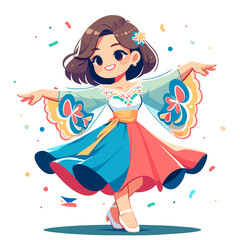 Dancing Woman Cartoon Illustration with Colorful Dress and Confetti on White Background