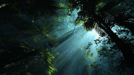 Lush Tropical Rainforest Sunlight Beams Green Leaves Jungle Nature Background Mysterious Deep Forest Canopy Sunlight Rays Dark Mysterious Atmosphere Tranquil Serene Peaceful Art