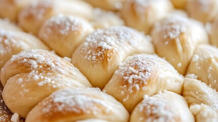 Close-up view of sweet rolls covered in powdered sugar.