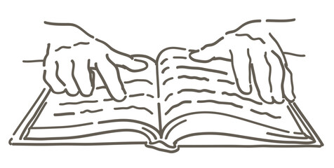 本を読んでいるシーンのイラスト。手と本。シンプルタッチ、ベクターイラスト素材。