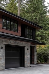 Modern residential architecture featuring a sleek stone and wood exterior with expansive windows set against a backdrop of lush green trees during late afternoon light