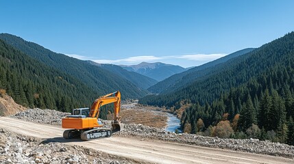 Construction vehicle on a mountain road overlooking a valley.