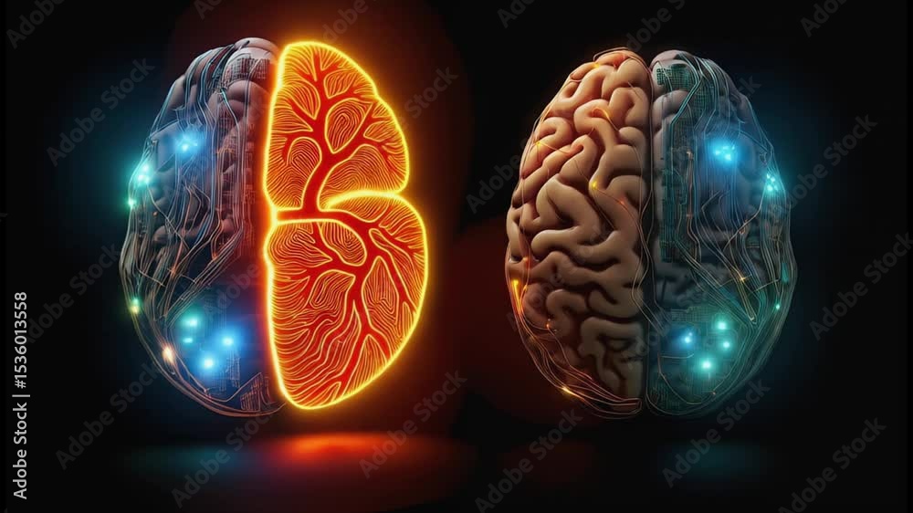 Poster glowing neural connections dynamically rotating across right hemisphere of human brain, revealing in