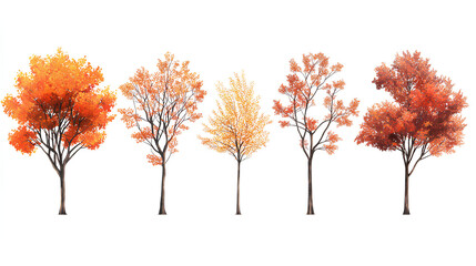 Set of autumn Sorbus commixta (the Japanese rowan) trees isolated on a white background perfectly cutout Stock Illustration