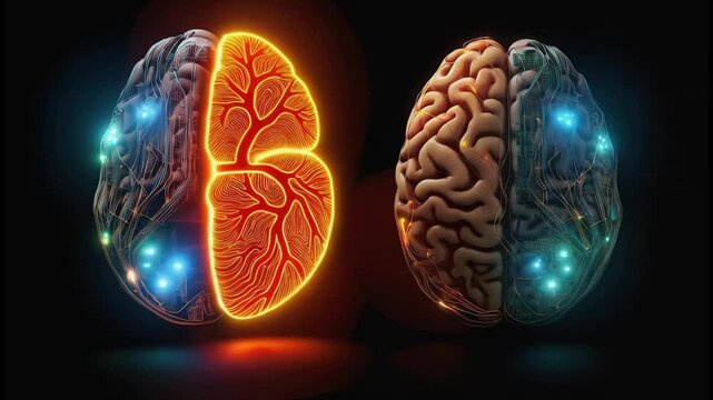 Glowing neural connections dynamically rotating across right hemisphere of human brain, revealing intricate network patterns against dark background, illustrating complex neurological functionality