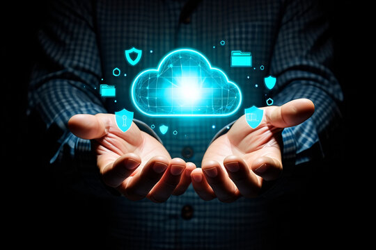 Secure Cloud Computing Data Protection Concept Man Hands Holding Digital Cloud Network