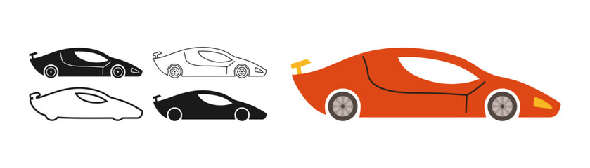 Sport Car icon symbol cartoon set. Hand drawn cute automobile sports car in multiple styles colored, silhouette, outline kid collection. Simple children funny auto transport icon vector illustration