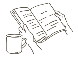 本を持つ手と、コーヒーのイラスト。ベクターイラスト素材。