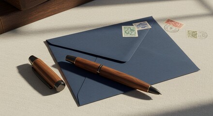 Writing Pen with Envelope and Postage Stamps on Table