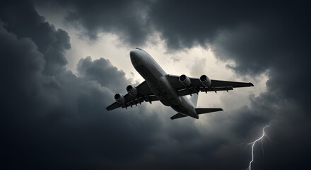 Obraz premium Airplane Flying Through a Dramatic Stormy Sky