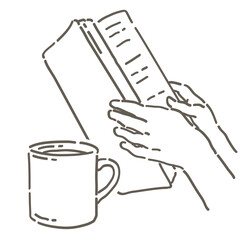 本を持つ手と、コーヒーのイラスト。ベクターイラスト素材。